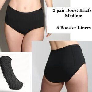 Aisle Boost Brief (2 pair) & Booster Liners (6) - Size Medium - Black - NWT